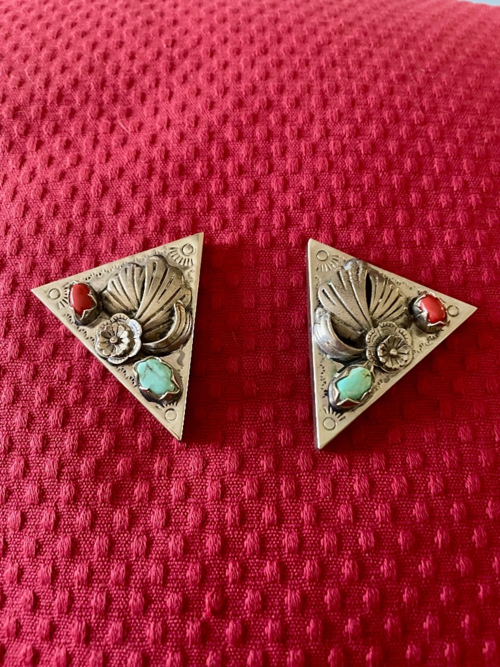 Vintage Turquoise and Coral Native American Collar Tips, set of 2